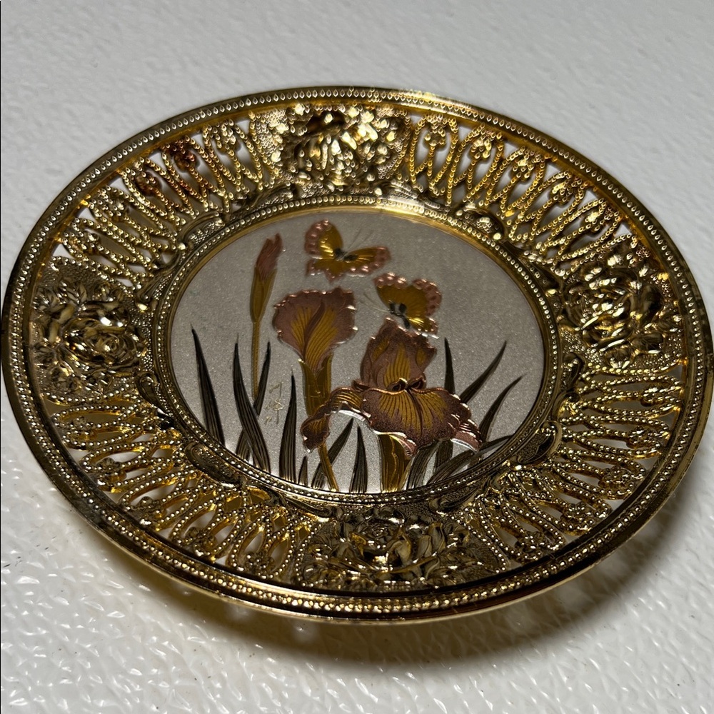Chokin Musical Flower Iris Butterfly Gold Metal Japan Memory Song Works